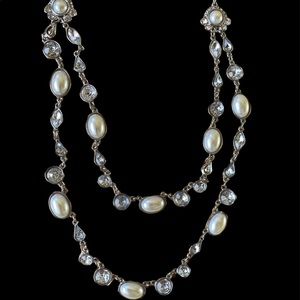 Silver, rhinestone and pearl double string necklace with adjustable clasp